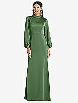 Front View Thumbnail - Vineyard Green High Collar Puff Sleeve Trumpet Gown - Darby