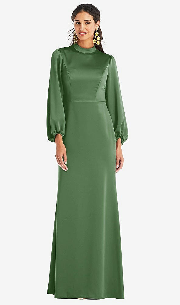 Front View - Vineyard Green High Collar Puff Sleeve Trumpet Gown - Darby