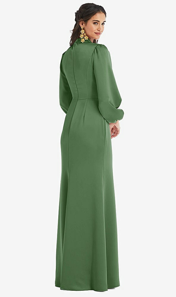 Back View - Vineyard Green High Collar Puff Sleeve Trumpet Gown - Darby