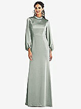 Front View Thumbnail - Willow Green High Collar Puff Sleeve Trumpet Gown - Darby