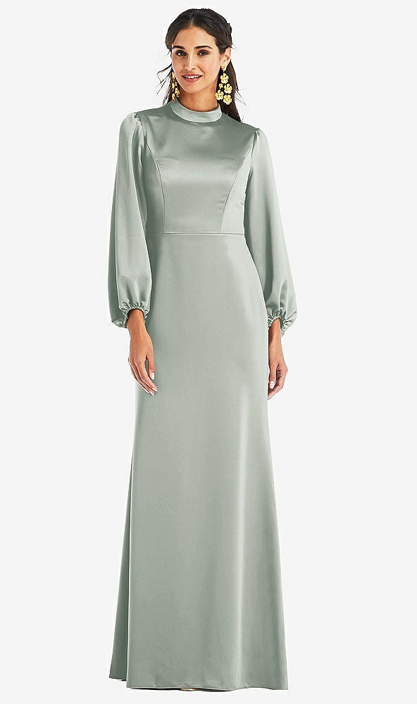 Front View - Willow Green High Collar Puff Sleeve Trumpet Gown - Darby