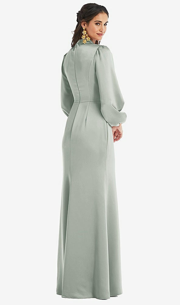 Back View - Willow Green High Collar Puff Sleeve Trumpet Gown - Darby