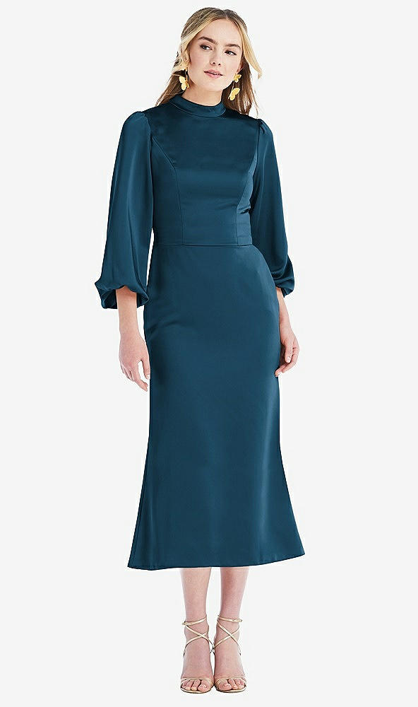 Front View - Atlantic Blue High Collar Puff Sleeve Midi Dress - Bronwyn