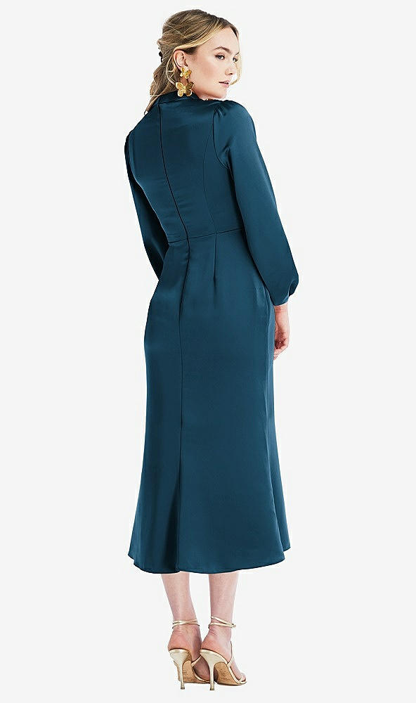 Back View - Atlantic Blue High Collar Puff Sleeve Midi Dress - Bronwyn