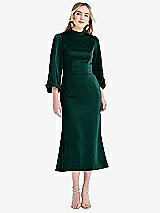 Front View Thumbnail - Evergreen High Collar Puff Sleeve Midi Dress - Bronwyn