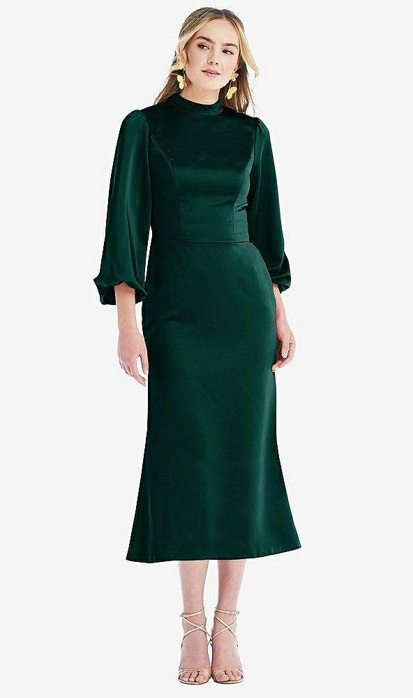 Front View - Evergreen High Collar Puff Sleeve Midi Dress - Bronwyn