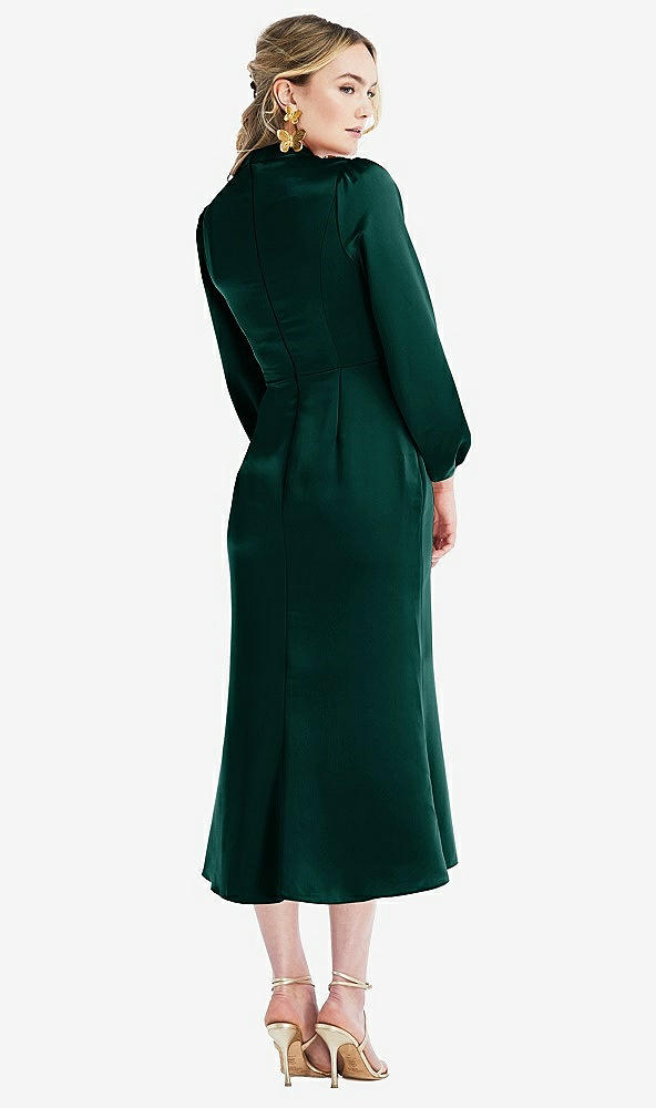 Back View - Evergreen High Collar Puff Sleeve Midi Dress - Bronwyn