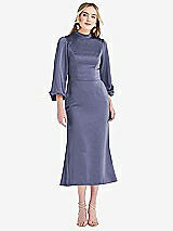 Front View Thumbnail - French Blue High Collar Puff Sleeve Midi Dress - Bronwyn