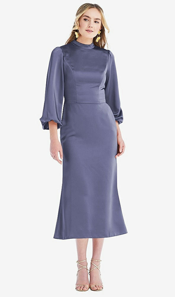 Front View - French Blue High Collar Puff Sleeve Midi Dress - Bronwyn