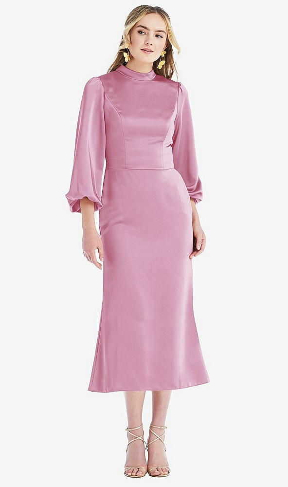 Front View - Powder Pink High Collar Puff Sleeve Midi Dress - Bronwyn