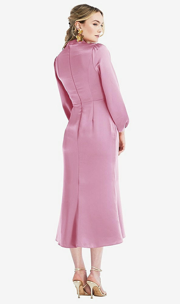Back View - Powder Pink High Collar Puff Sleeve Midi Dress - Bronwyn