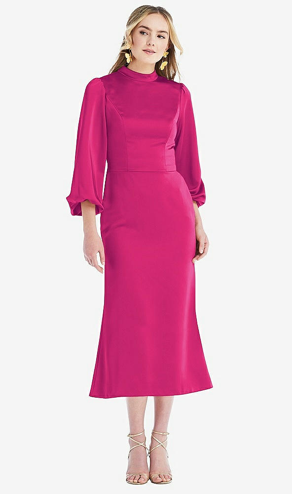 Front View - Think Pink High Collar Puff Sleeve Midi Dress - Bronwyn