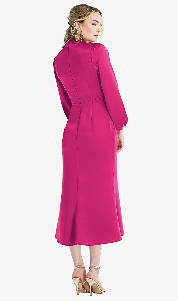 Back View - Think Pink High Collar Puff Sleeve Midi Dress - Bronwyn