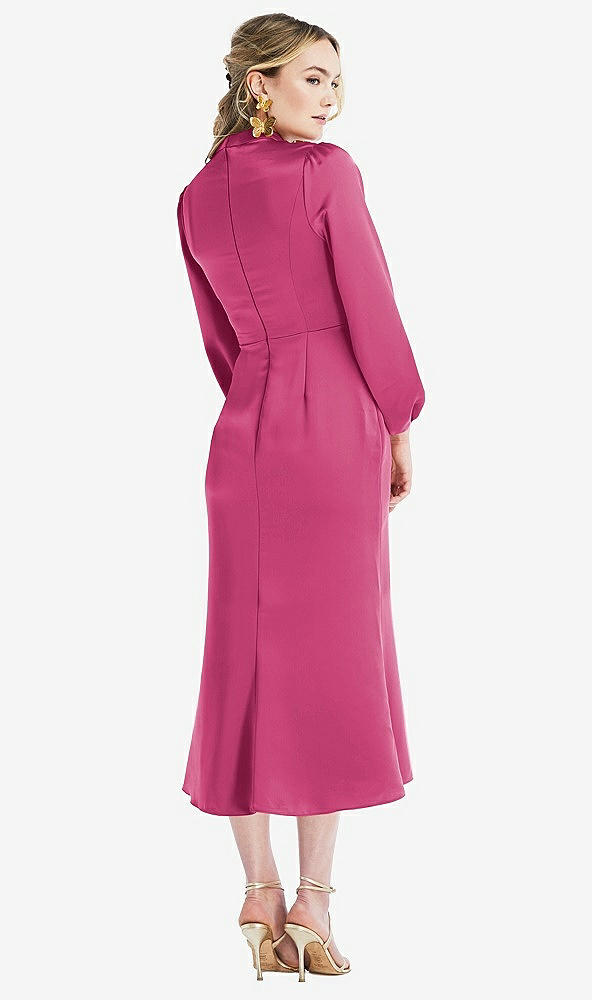Back View - Tea Rose High Collar Puff Sleeve Midi Dress - Bronwyn