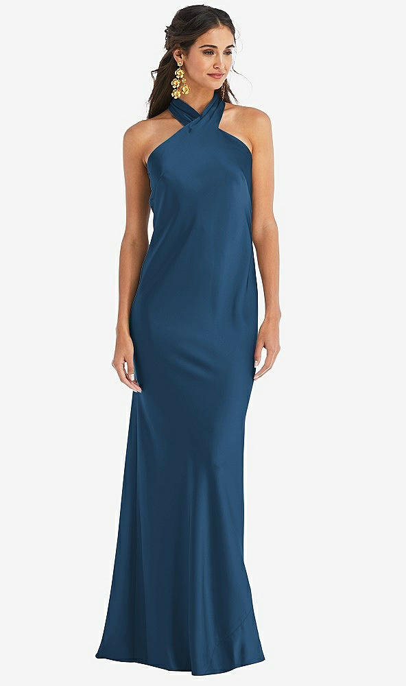 Front View - Dusk Blue Draped Twist Halter Tie-Back Trumpet Gown