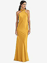 Front View Thumbnail - NYC Yellow Draped Twist Halter Tie-Back Trumpet Gown