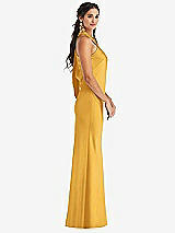 Side View Thumbnail - NYC Yellow Draped Twist Halter Tie-Back Trumpet Gown