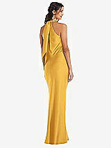 Rear View Thumbnail - NYC Yellow Draped Twist Halter Tie-Back Trumpet Gown