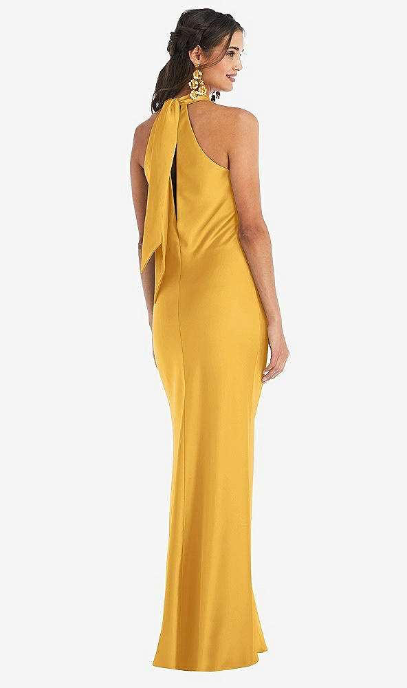 Back View - NYC Yellow Draped Twist Halter Tie-Back Trumpet Gown