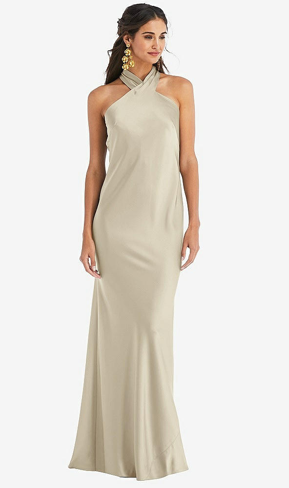Front View - Champagne Draped Twist Halter Tie-Back Trumpet Gown