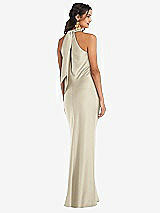 Rear View Thumbnail - Champagne Draped Twist Halter Tie-Back Trumpet Gown