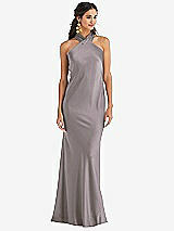 Front View Thumbnail - Cashmere Gray Draped Twist Halter Tie-Back Trumpet Gown