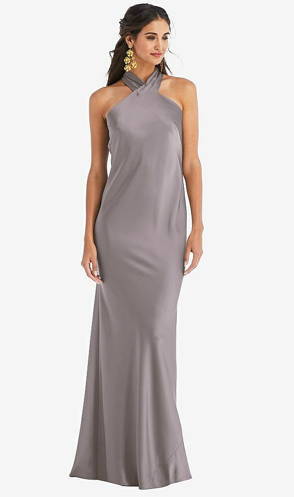 Front View - Cashmere Gray Draped Twist Halter Tie-Back Trumpet Gown
