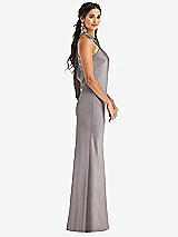Side View Thumbnail - Cashmere Gray Draped Twist Halter Tie-Back Trumpet Gown
