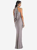 Rear View Thumbnail - Cashmere Gray Draped Twist Halter Tie-Back Trumpet Gown