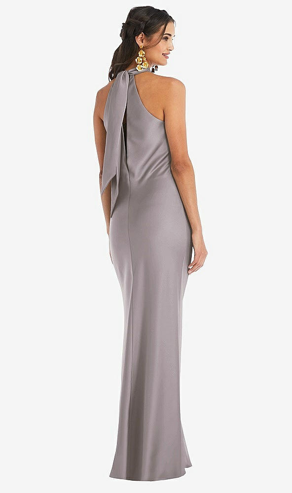Back View - Cashmere Gray Draped Twist Halter Tie-Back Trumpet Gown