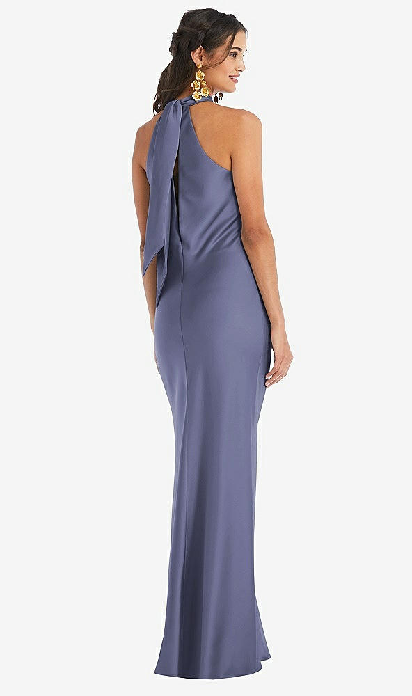 Back View - French Blue Draped Twist Halter Tie-Back Trumpet Gown