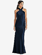 Front View Thumbnail - Midnight Navy Draped Twist Halter Tie-Back Trumpet Gown