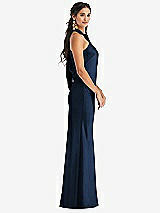 Side View Thumbnail - Midnight Navy Draped Twist Halter Tie-Back Trumpet Gown