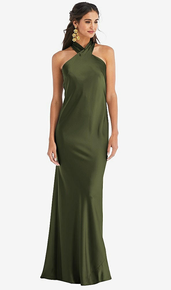 Front View - Olive Green Draped Twist Halter Tie-Back Trumpet Gown