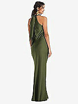 Rear View Thumbnail - Olive Green Draped Twist Halter Tie-Back Trumpet Gown