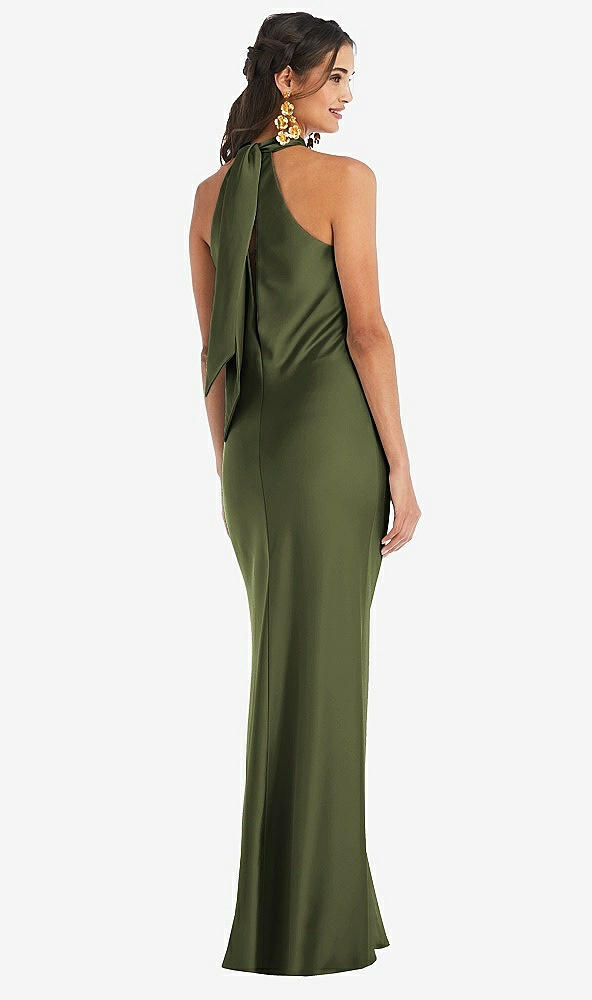 Back View - Olive Green Draped Twist Halter Tie-Back Trumpet Gown