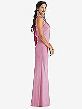 Side View Thumbnail - Powder Pink Draped Twist Halter Tie-Back Trumpet Gown