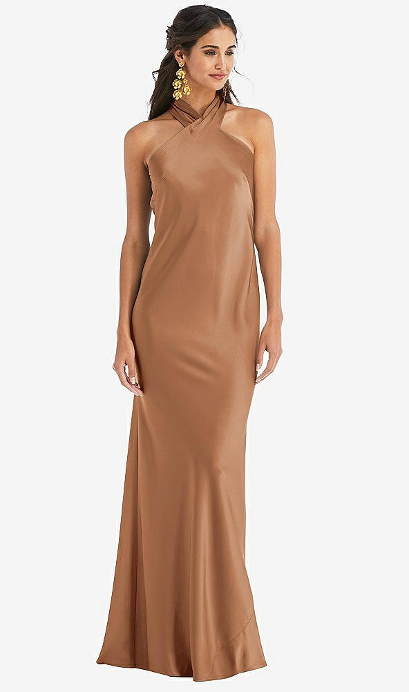 Front View - Toffee Draped Twist Halter Tie-Back Trumpet Gown