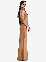 Side View Thumbnail - Toffee Draped Twist Halter Tie-Back Trumpet Gown