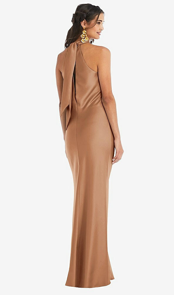 Back View - Toffee Draped Twist Halter Tie-Back Trumpet Gown