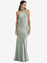 Front View Thumbnail - Willow Green Draped Twist Halter Tie-Back Trumpet Gown