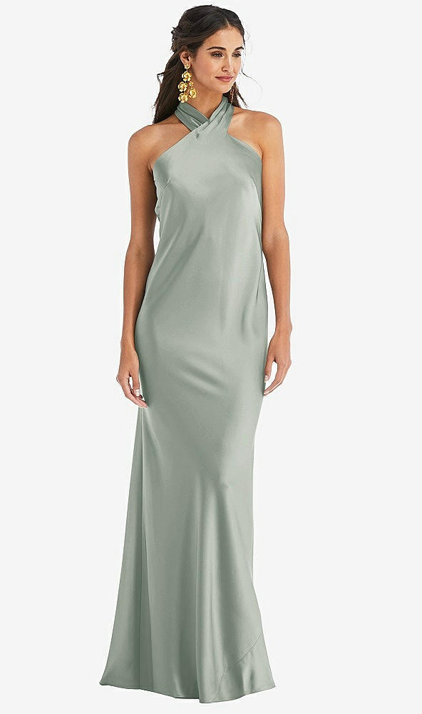 Front View - Willow Green Draped Twist Halter Tie-Back Trumpet Gown
