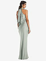 Rear View Thumbnail - Willow Green Draped Twist Halter Tie-Back Trumpet Gown