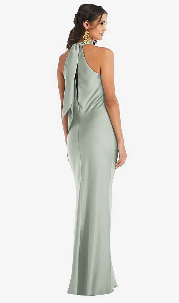 Back View - Willow Green Draped Twist Halter Tie-Back Trumpet Gown