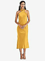 Front View Thumbnail - NYC Yellow Draped Twist Halter Tie-Back Midi Dress - Paloma