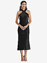 Front View Thumbnail - Black Draped Twist Halter Tie-Back Midi Dress - Paloma