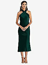 Front View Thumbnail - Evergreen Draped Twist Halter Tie-Back Midi Dress - Paloma