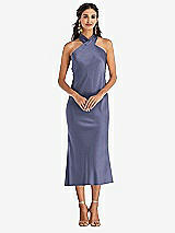 Front View Thumbnail - French Blue Draped Twist Halter Tie-Back Midi Dress - Paloma