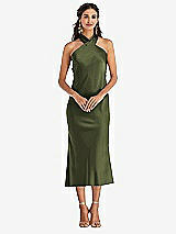 Front View Thumbnail - Olive Green Draped Twist Halter Tie-Back Midi Dress - Paloma