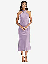 Front View Thumbnail - Pale Purple Draped Twist Halter Tie-Back Midi Dress - Paloma